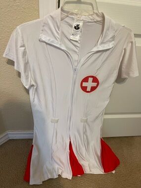 White Nurse Costume Dress with Red Cross Detail